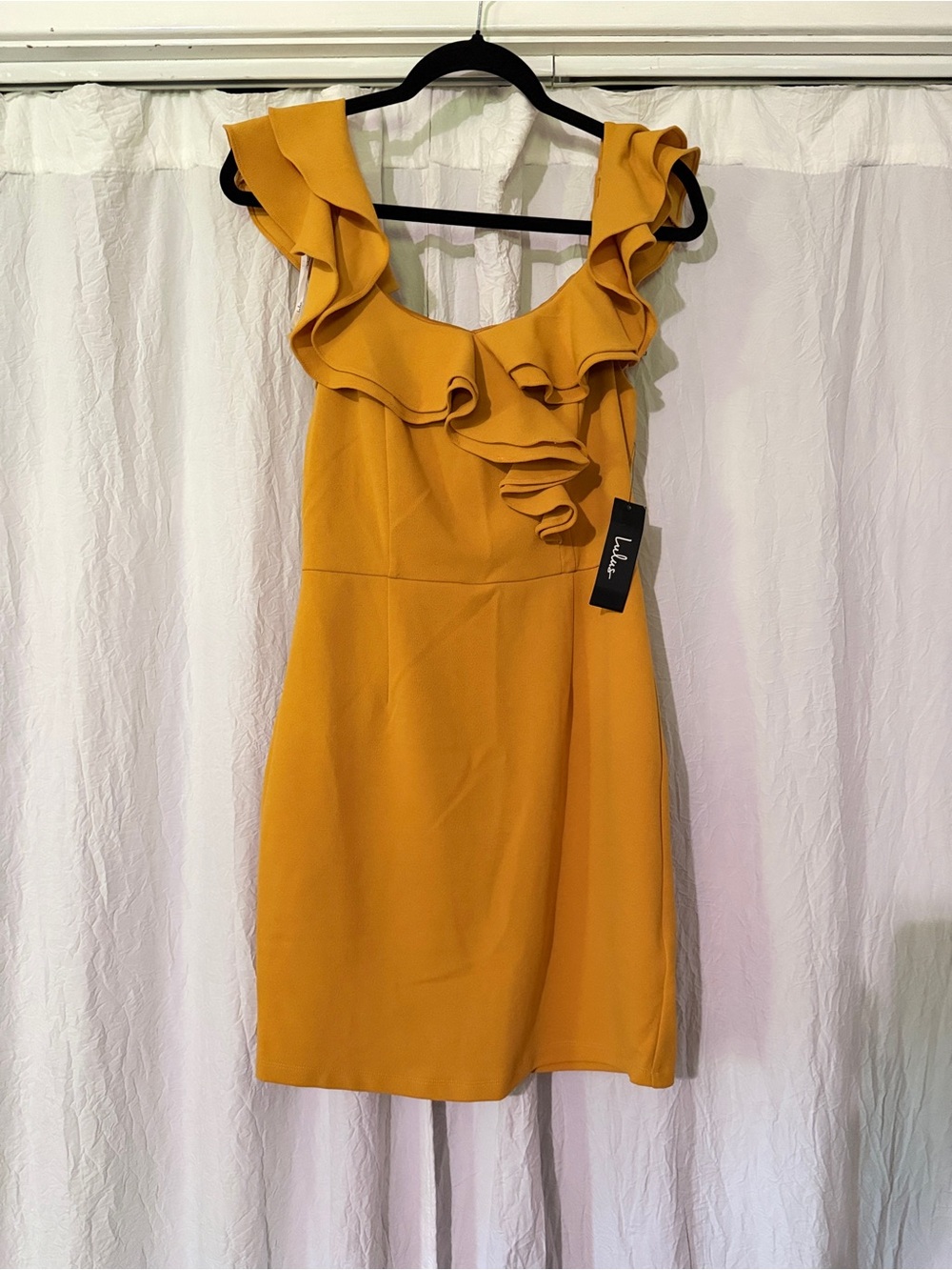 Lulu's Mustard Yellow Ruffle Neckline Mini Dress